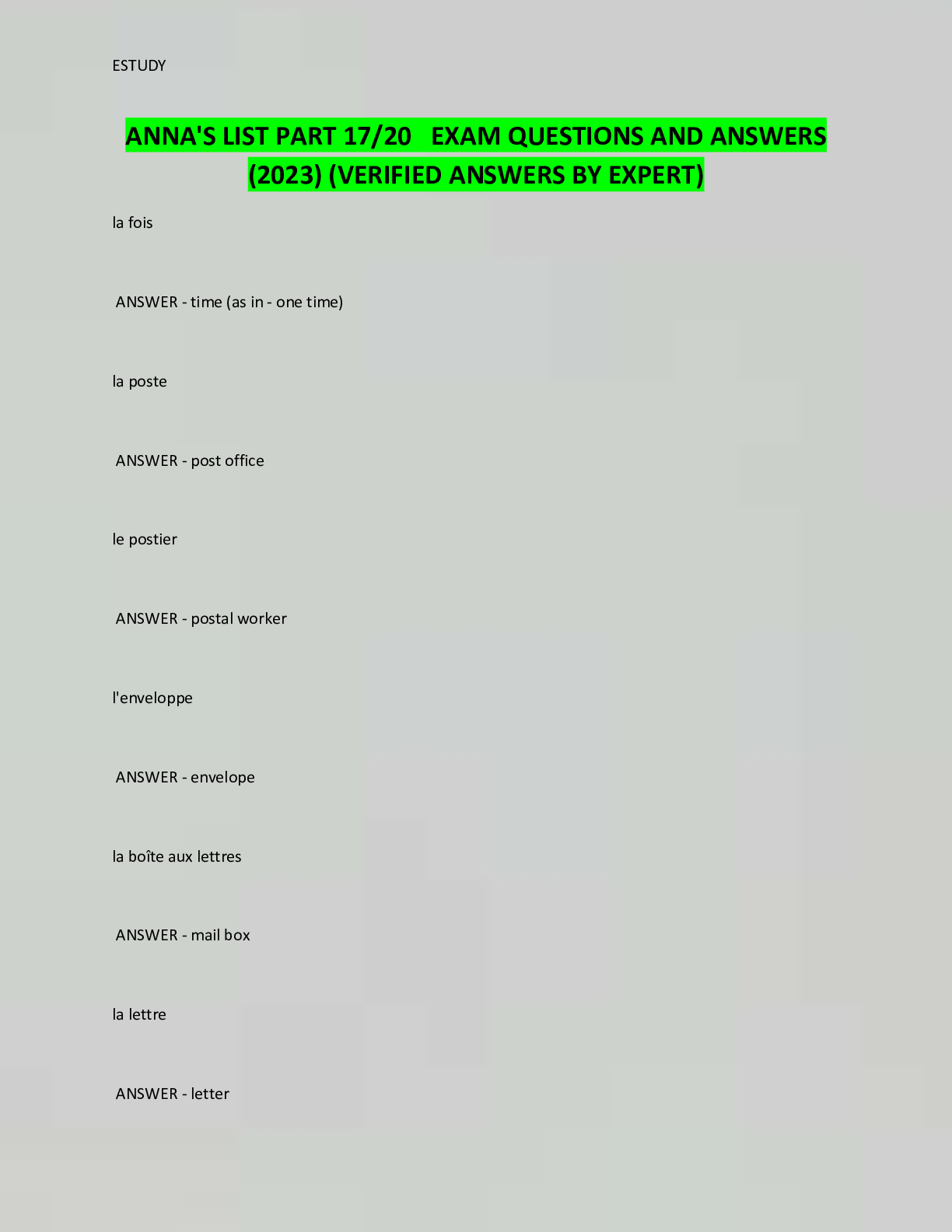 Preview image for ANNA'S LIST PART 17/20 EXAM QUESTIONS AND ANSWERS  (2023) (VERIFIED ANSWERS BY EXPERT)